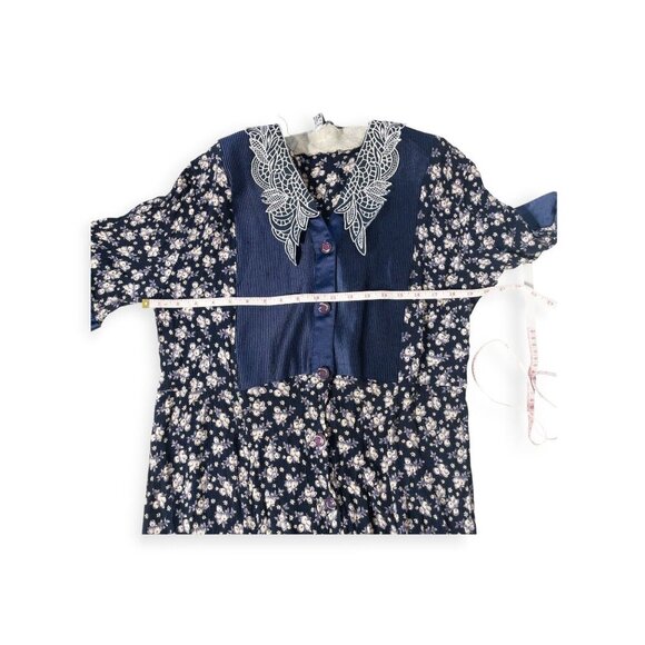 Vintage 80s GASPE Navy Floral Maxi Dress Lace Retro SZ M Cottage Core - Picture 9 of 11